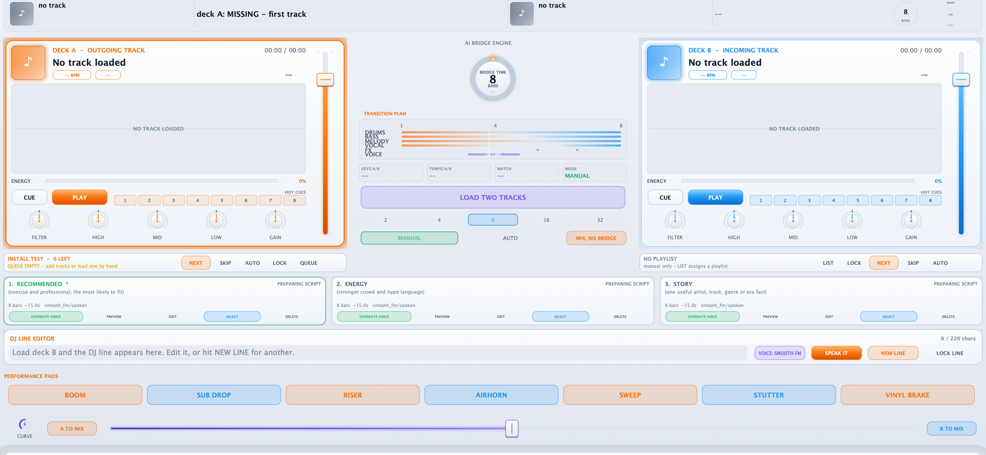 The Adrenaline Bridge console, light theme