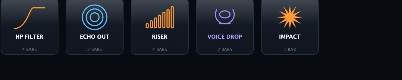 Transition FX cards: HP filter, echo, riser, voice drop, impact