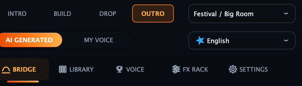 Voice controls: AI-generated or your own voice, persona, language and track section